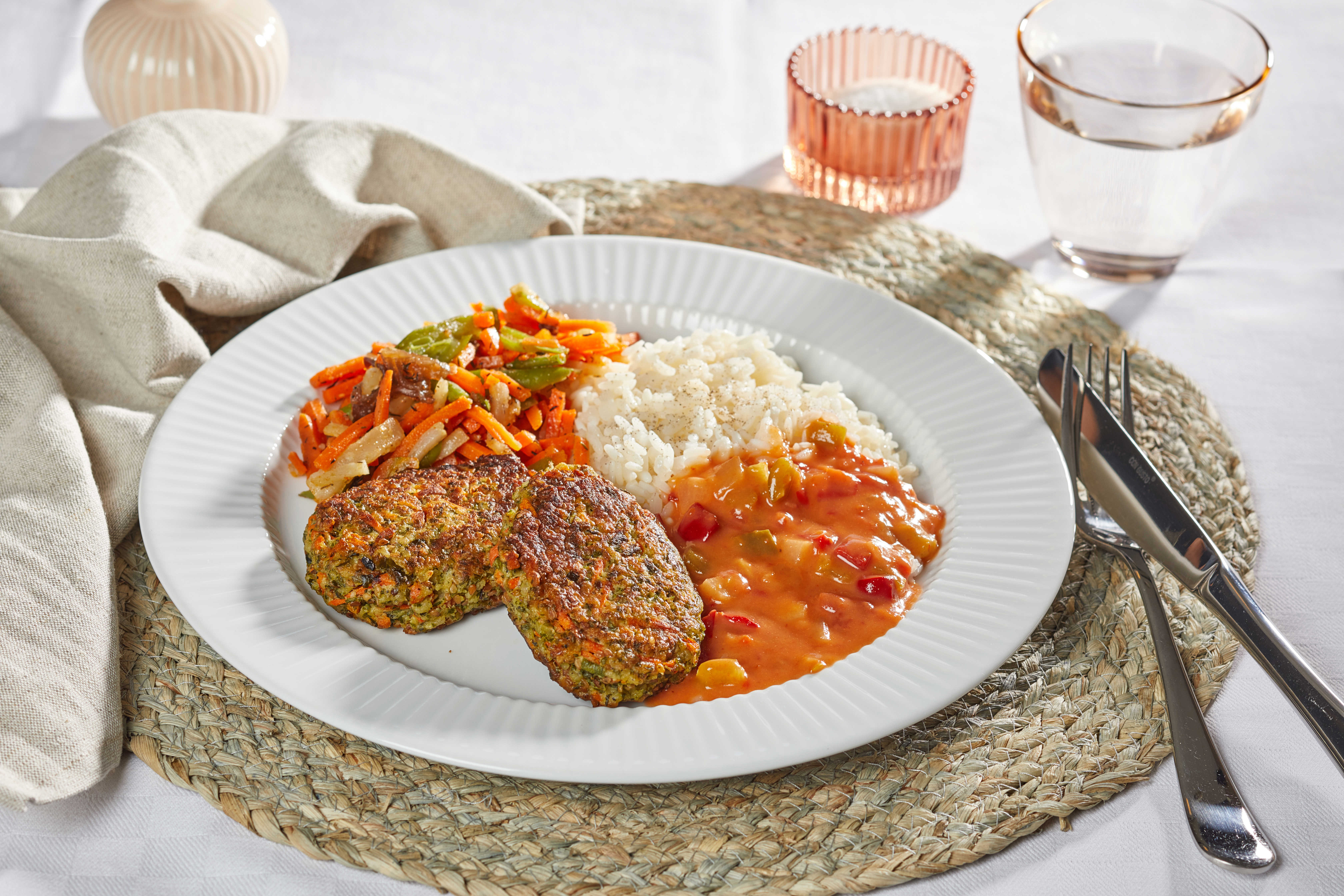 Gulerodsfrikadeller med peberfrugtsovs, ris og wokgrønt